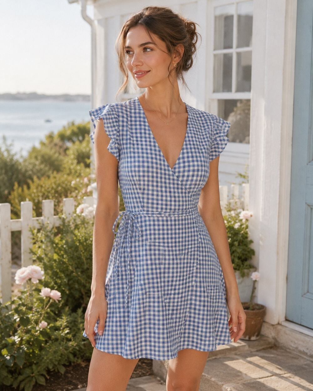 Reformation Blue Gingham Wrap Mini Dress Flutter Sleeve Cottagecore French Girl